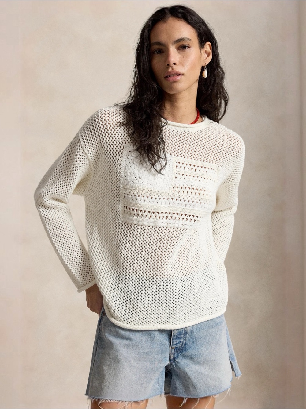 Polo Ralph Lauren Tonal Flag Mixed Open Stitch Cotton Sweater